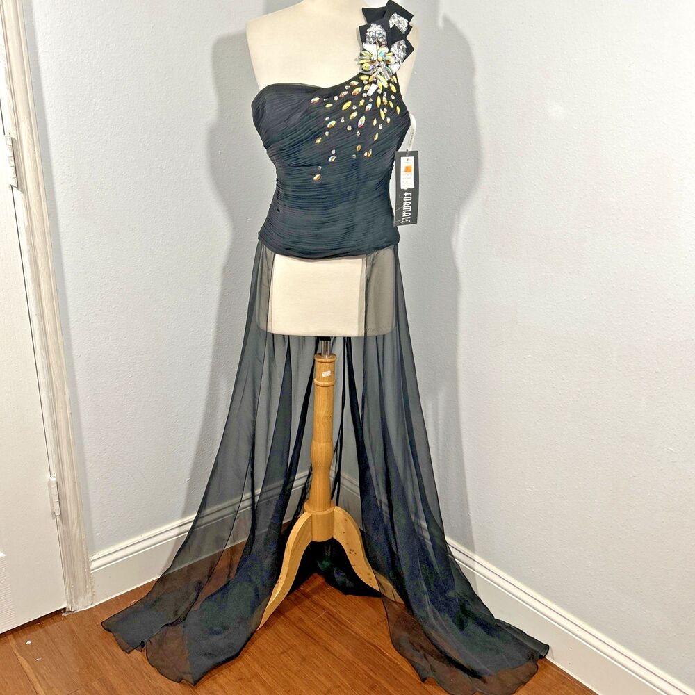 Precious Formals Dress Womens 6 Black One Shoulder Rhinestones Flowy Hoco